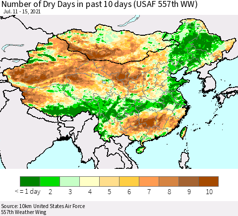 China, Mongolia and Taiwan Number of Dry Days in past 10 days (USAF 557th WW) Thematic Map For 7/11/2021 - 7/15/2021