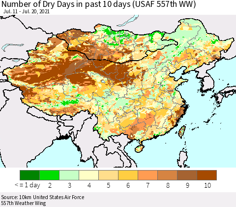 China, Mongolia and Taiwan Number of Dry Days in past 10 days (USAF 557th WW) Thematic Map For 7/16/2021 - 7/20/2021