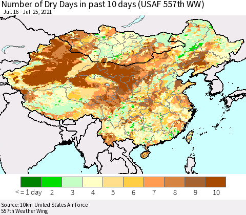 China, Mongolia and Taiwan Number of Dry Days in past 10 days (USAF 557th WW) Thematic Map For 7/21/2021 - 7/25/2021