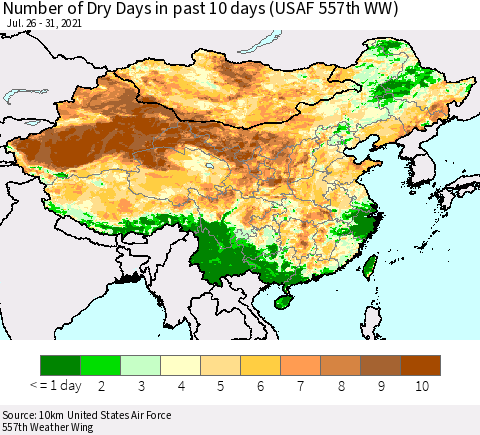 China, Mongolia and Taiwan Number of Dry Days in past 10 days (USAF 557th WW) Thematic Map For 7/26/2021 - 7/31/2021