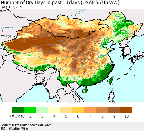China, Mongolia and Taiwan Number of Dry Days in past 10 days (USAF 557th WW) Thematic Map For 8/1/2021 - 8/5/2021