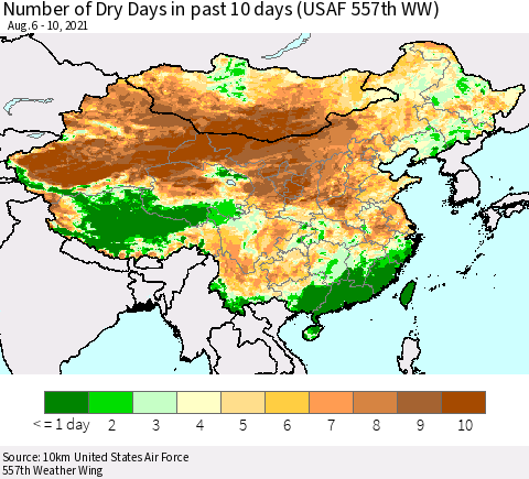 China, Mongolia and Taiwan Number of Dry Days in past 10 days (USAF 557th WW) Thematic Map For 8/6/2021 - 8/10/2021