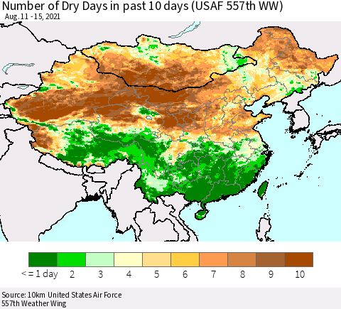 China, Mongolia and Taiwan Number of Dry Days in past 10 days (USAF 557th WW) Thematic Map For 8/11/2021 - 8/15/2021