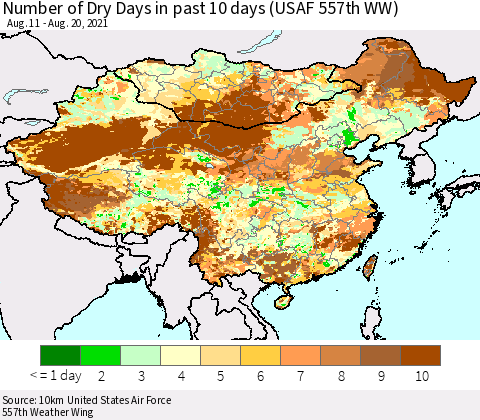 China, Mongolia and Taiwan Number of Dry Days in past 10 days (USAF 557th WW) Thematic Map For 8/16/2021 - 8/20/2021