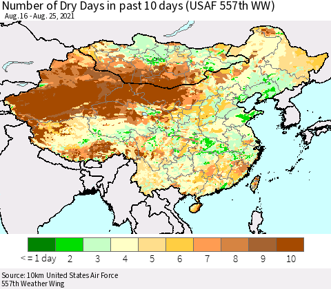 China, Mongolia and Taiwan Number of Dry Days in past 10 days (USAF 557th WW) Thematic Map For 8/21/2021 - 8/25/2021
