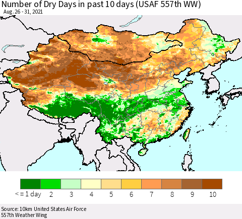 China, Mongolia and Taiwan Number of Dry Days in past 10 days (USAF 557th WW) Thematic Map For 8/26/2021 - 8/31/2021