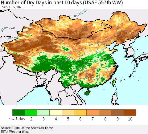 China, Mongolia and Taiwan Number of Dry Days in past 10 days (USAF 557th WW) Thematic Map For 9/1/2021 - 9/5/2021