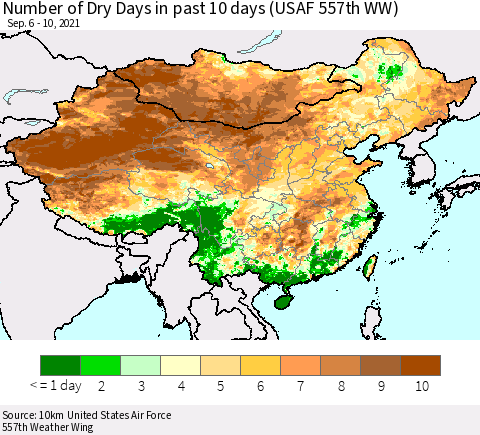 China, Mongolia and Taiwan Number of Dry Days in past 10 days (USAF 557th WW) Thematic Map For 9/6/2021 - 9/10/2021