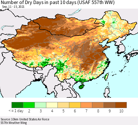 China, Mongolia and Taiwan Number of Dry Days in past 10 days (USAF 557th WW) Thematic Map For 9/11/2021 - 9/15/2021