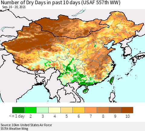 China, Mongolia and Taiwan Number of Dry Days in past 10 days (USAF 557th WW) Thematic Map For 9/16/2021 - 9/20/2021