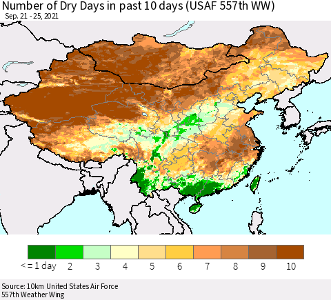 China, Mongolia and Taiwan Number of Dry Days in past 10 days (USAF 557th WW) Thematic Map For 9/21/2021 - 9/25/2021