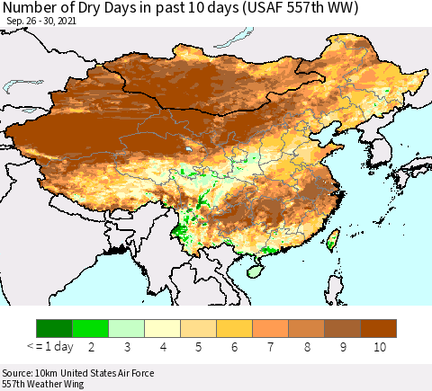 China, Mongolia and Taiwan Number of Dry Days in past 10 days (USAF 557th WW) Thematic Map For 9/26/2021 - 9/30/2021