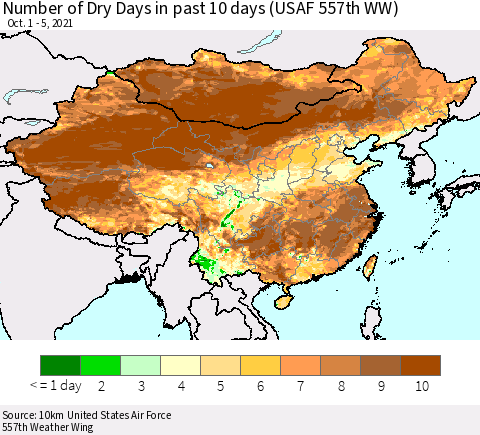 China, Mongolia and Taiwan Number of Dry Days in past 10 days (USAF 557th WW) Thematic Map For 10/1/2021 - 10/5/2021