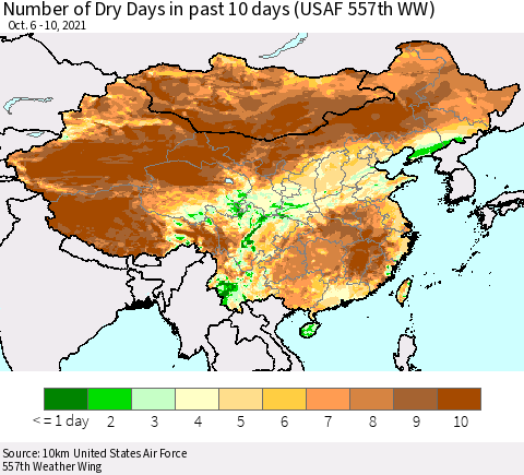 China, Mongolia and Taiwan Number of Dry Days in past 10 days (USAF 557th WW) Thematic Map For 10/6/2021 - 10/10/2021