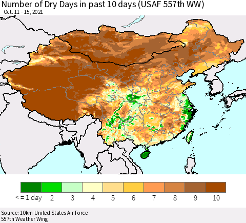 China, Mongolia and Taiwan Number of Dry Days in past 10 days (USAF 557th WW) Thematic Map For 10/11/2021 - 10/15/2021