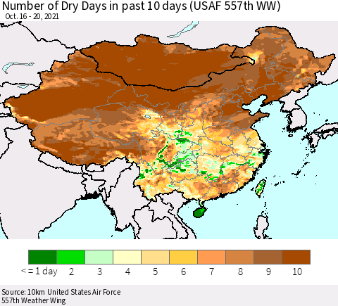 China, Mongolia and Taiwan Number of Dry Days in past 10 days (USAF 557th WW) Thematic Map For 10/16/2021 - 10/20/2021