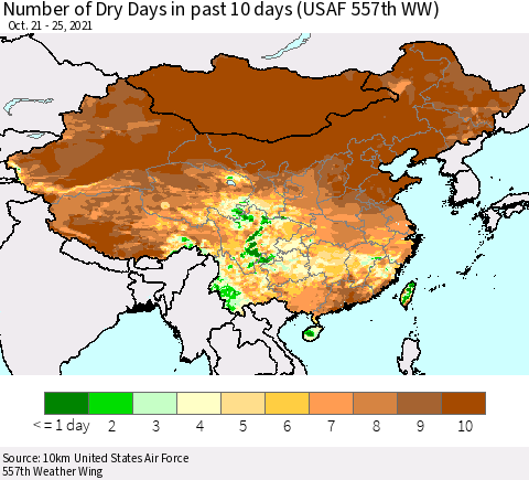 China, Mongolia and Taiwan Number of Dry Days in past 10 days (USAF 557th WW) Thematic Map For 10/21/2021 - 10/25/2021