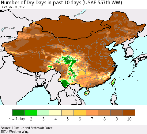 China, Mongolia and Taiwan Number of Dry Days in past 10 days (USAF 557th WW) Thematic Map For 10/26/2021 - 10/31/2021