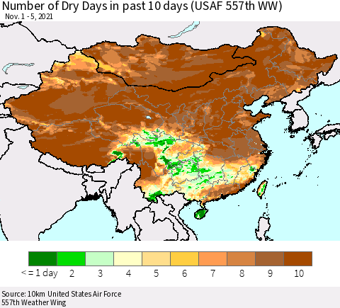 China, Mongolia and Taiwan Number of Dry Days in past 10 days (USAF 557th WW) Thematic Map For 11/1/2021 - 11/5/2021
