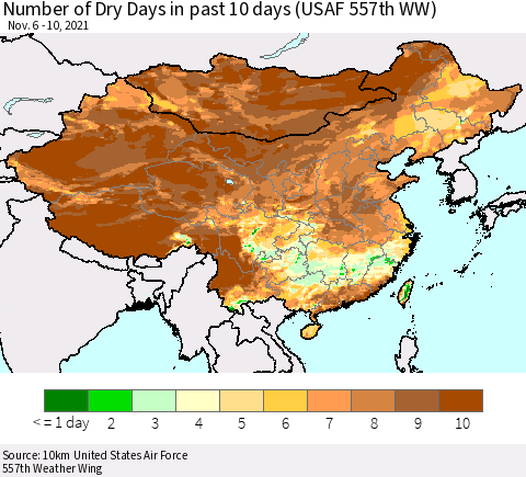 China, Mongolia and Taiwan Number of Dry Days in past 10 days (USAF 557th WW) Thematic Map For 11/6/2021 - 11/10/2021