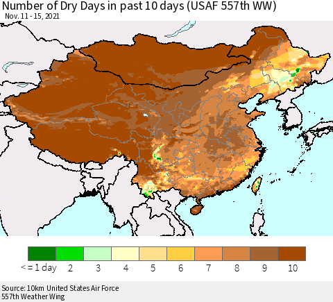 China, Mongolia and Taiwan Number of Dry Days in past 10 days (USAF 557th WW) Thematic Map For 11/11/2021 - 11/15/2021