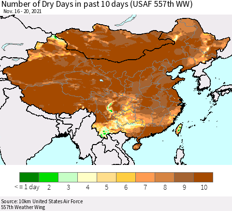 China, Mongolia and Taiwan Number of Dry Days in past 10 days (USAF 557th WW) Thematic Map For 11/16/2021 - 11/20/2021