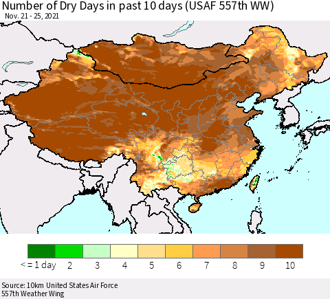 China, Mongolia and Taiwan Number of Dry Days in past 10 days (USAF 557th WW) Thematic Map For 11/21/2021 - 11/25/2021