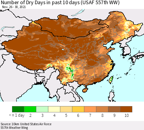 China, Mongolia and Taiwan Number of Dry Days in past 10 days (USAF 557th WW) Thematic Map For 11/26/2021 - 11/30/2021