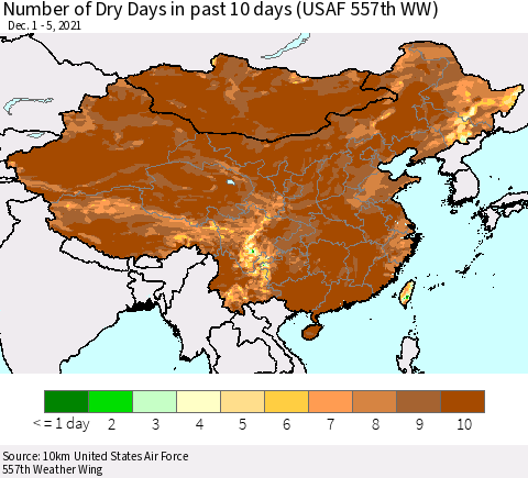 China, Mongolia and Taiwan Number of Dry Days in past 10 days (USAF 557th WW) Thematic Map For 12/1/2021 - 12/5/2021