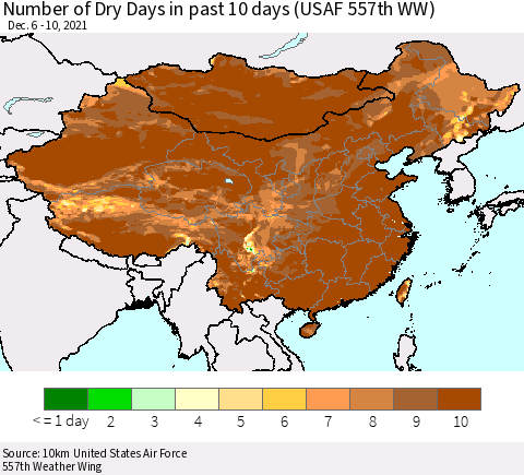 China, Mongolia and Taiwan Number of Dry Days in past 10 days (USAF 557th WW) Thematic Map For 12/6/2021 - 12/10/2021