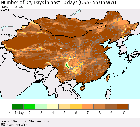China, Mongolia and Taiwan Number of Dry Days in past 10 days (USAF 557th WW) Thematic Map For 12/11/2021 - 12/15/2021