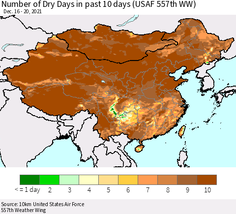 China, Mongolia and Taiwan Number of Dry Days in past 10 days (USAF 557th WW) Thematic Map For 12/16/2021 - 12/20/2021