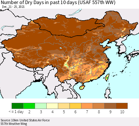 China, Mongolia and Taiwan Number of Dry Days in past 10 days (USAF 557th WW) Thematic Map For 12/21/2021 - 12/25/2021