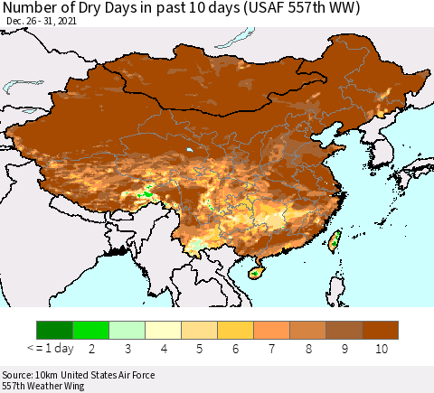China, Mongolia and Taiwan Number of Dry Days in past 10 days (USAF 557th WW) Thematic Map For 12/26/2021 - 12/31/2021