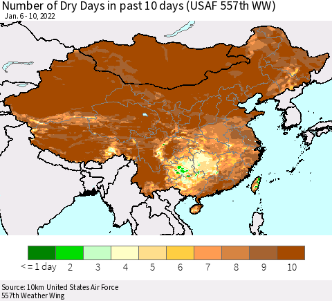 China, Mongolia and Taiwan Number of Dry Days in past 10 days (USAF 557th WW) Thematic Map For 1/6/2022 - 1/10/2022