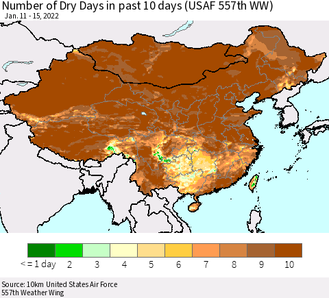 China, Mongolia and Taiwan Number of Dry Days in past 10 days (USAF 557th WW) Thematic Map For 1/11/2022 - 1/15/2022