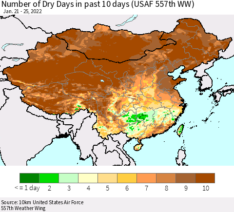 China, Mongolia and Taiwan Number of Dry Days in past 10 days (USAF 557th WW) Thematic Map For 1/21/2022 - 1/25/2022