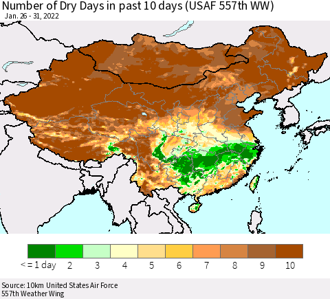 China, Mongolia and Taiwan Number of Dry Days in past 10 days (USAF 557th WW) Thematic Map For 1/26/2022 - 1/31/2022
