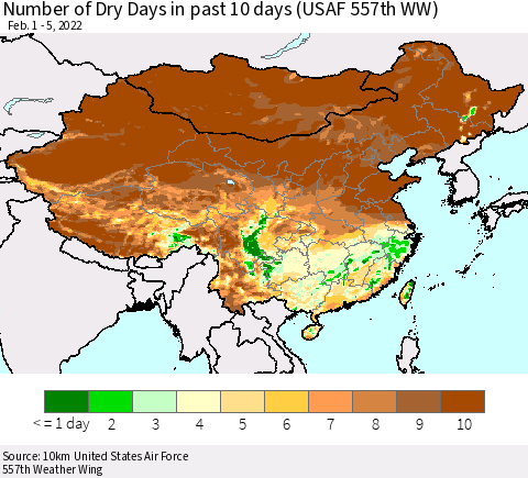 China, Mongolia and Taiwan Number of Dry Days in past 10 days (USAF 557th WW) Thematic Map For 2/1/2022 - 2/5/2022
