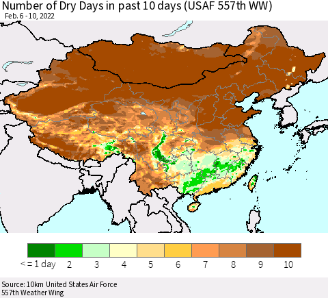 China, Mongolia and Taiwan Number of Dry Days in past 10 days (USAF 557th WW) Thematic Map For 2/6/2022 - 2/10/2022