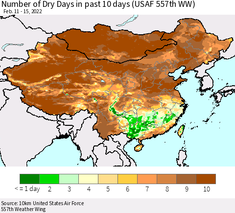 China, Mongolia and Taiwan Number of Dry Days in past 10 days (USAF 557th WW) Thematic Map For 2/11/2022 - 2/15/2022