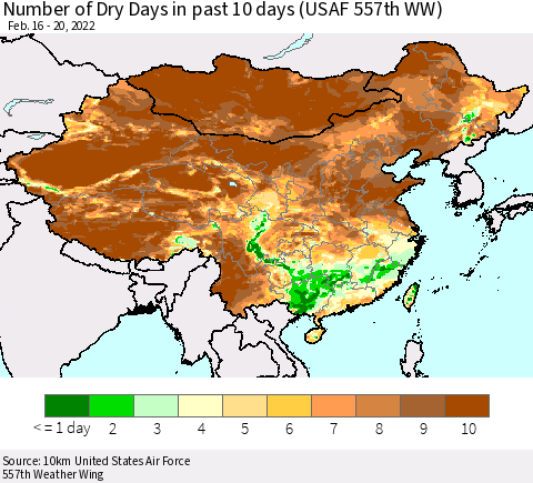 China, Mongolia and Taiwan Number of Dry Days in past 10 days (USAF 557th WW) Thematic Map For 2/16/2022 - 2/20/2022