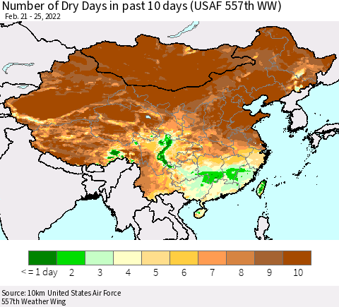 China, Mongolia and Taiwan Number of Dry Days in past 10 days (USAF 557th WW) Thematic Map For 2/21/2022 - 2/25/2022