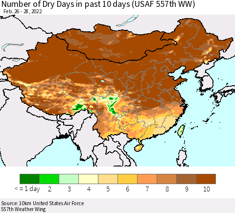 China, Mongolia and Taiwan Number of Dry Days in past 10 days (USAF 557th WW) Thematic Map For 2/26/2022 - 2/28/2022