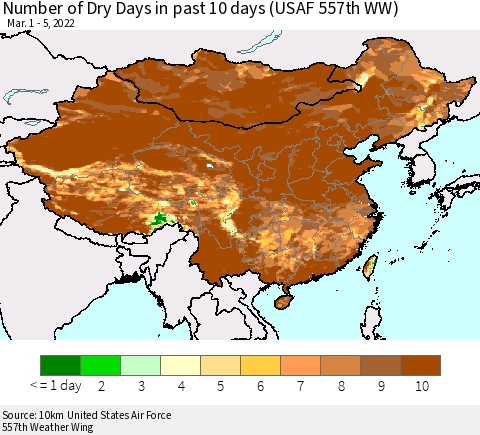 China, Mongolia and Taiwan Number of Dry Days in past 10 days (USAF 557th WW) Thematic Map For 3/1/2022 - 3/5/2022