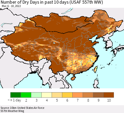 China, Mongolia and Taiwan Number of Dry Days in past 10 days (USAF 557th WW) Thematic Map For 3/6/2022 - 3/10/2022