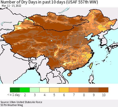 China, Mongolia and Taiwan Number of Dry Days in past 10 days (USAF 557th WW) Thematic Map For 3/11/2022 - 3/15/2022