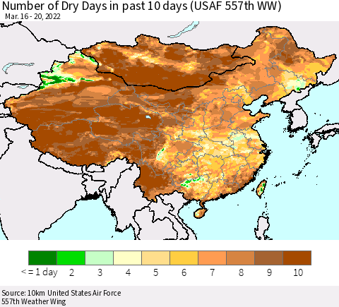 China, Mongolia and Taiwan Number of Dry Days in past 10 days (USAF 557th WW) Thematic Map For 3/16/2022 - 3/20/2022