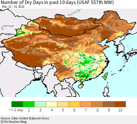 China, Mongolia and Taiwan Number of Dry Days in past 10 days (USAF 557th WW) Thematic Map For 3/21/2022 - 3/25/2022