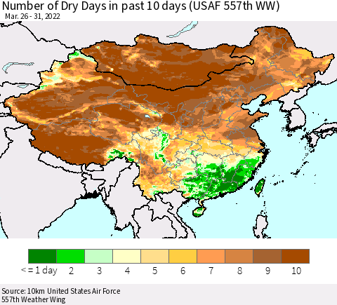 China, Mongolia and Taiwan Number of Dry Days in past 10 days (USAF 557th WW) Thematic Map For 3/26/2022 - 3/31/2022